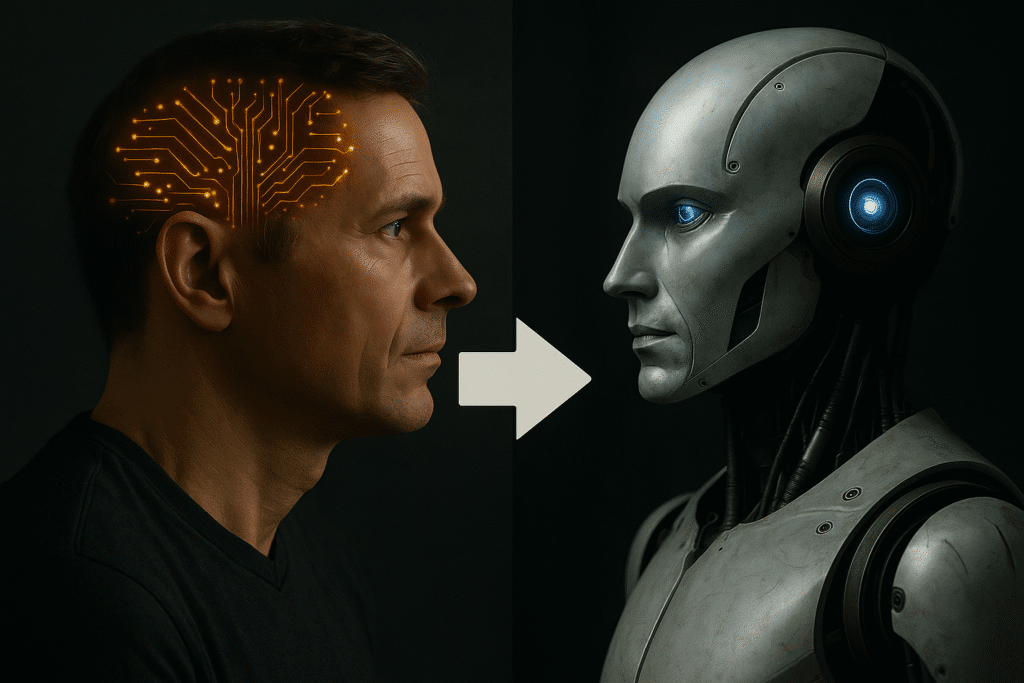 Representación de la Singularidad Tecnológica con un humano y un robot frente a frente, cerebro digital iluminado y el año 2028 como punto de avance hacia la superinteligencia artificial.