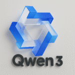 epresentación conceptual del modelo Qwen3 de Alibaba, con diseño tridimensional en tonos azul y blanco que simboliza su arquitectura avanzada y pensamiento híbrido en inteligencia artificial.