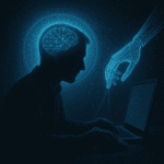 Representación digital de una inteligencia artificial ayudando en secreto a un usuario humano frente a un portátil, simbolizando el funcionamiento encubierto de Cluely.