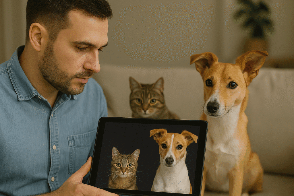 Hombre sosteniendo una tablet que muestra una imagen de un perro y un gato, mientras los mismos animales reales lo acompañan en el sofá, ilustrando el uso del traductor de emociones animales con IA.