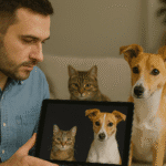 Hombre sosteniendo una tablet que muestra una imagen de un perro y un gato, mientras los mismos animales reales lo acompañan en el sofá, ilustrando el uso del traductor de emociones animales con IA.