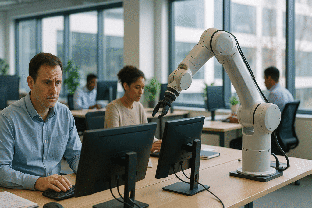Brazo robótico junto a empleados en una oficina moderna, ilustrando el impacto de la inteligencia artificial en trabajos de oficina y tareas administrativas.