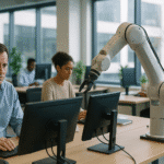 Brazo robótico junto a empleados en una oficina moderna, ilustrando el impacto de la inteligencia artificial en trabajos de oficina y tareas administrativas.