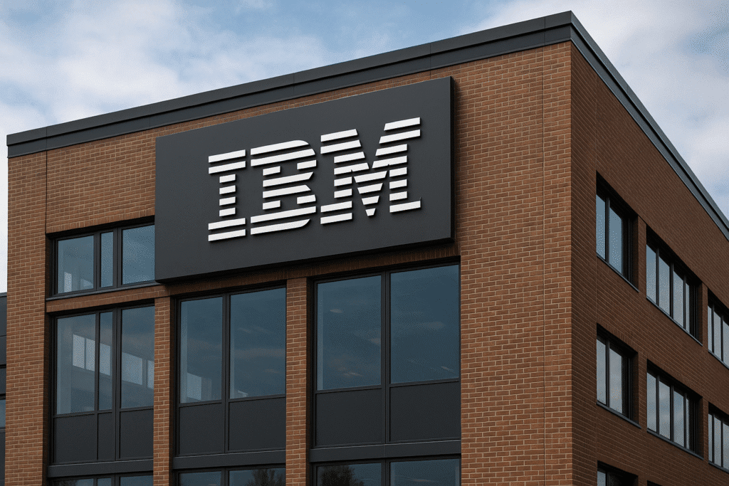 Fachada moderna de edificio corporativo de IBM con logotipo destacado, representando el enfoque de la empresa en inteligencia artificial y transformación digital.