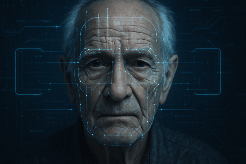 Primer plano del rostro de un hombre mayor con una interfaz digital superpuesta que simula el análisis facial realizado por inteligencia artificial para predecir la edad biológica, ilustrando las aplicaciones de IA en oncología.