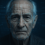 Primer plano del rostro de un hombre mayor con una interfaz digital superpuesta que simula el análisis facial realizado por inteligencia artificial para predecir la edad biológica, ilustrando las aplicaciones de IA en oncología.