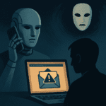 Ilustración conceptual de una estafa con inteligencia artificial, donde un robot con apariencia humana realiza una llamada telefónica mientras una persona observa un correo fraudulento en su laptop, con un icono de advertencia en pantalla.