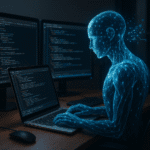 Representación digital de un agente de programación autónomo trabajando frente a múltiples pantallas con código, simbolizando la inteligencia artificial de OpenAI Codex en acción.