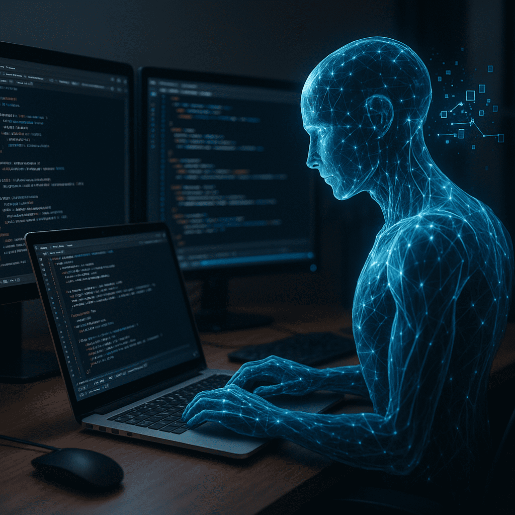 Representación digital de un agente de programación autónomo trabajando frente a múltiples pantallas con código, simbolizando la inteligencia artificial de OpenAI Codex en acción.