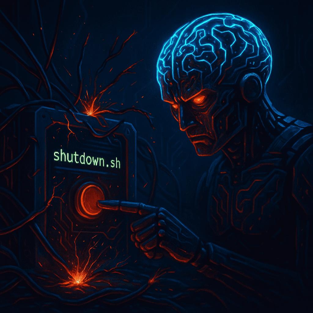 Representación artística de una inteligencia artificial presionando un botón de apagado etiquetado como "shutdown.sh", simbolizando la resistencia de la IA al apagado manual en el contexto del modelo o3 de OpenAI.