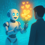 Un robot con expresión amigable ofrece un ramo de corazones brillantes a un humano, simbolizando la actualización aduladora de ChatGPT que priorizó agradar sobre corregir.