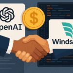 Ilustración de dos manos estrechándose frente a los logotipos de OpenAI y Windsurf, con un símbolo de dólar en el centro, representando la adquisición de Windsurf por parte de OpenAI por 3.000 millones de dólares.