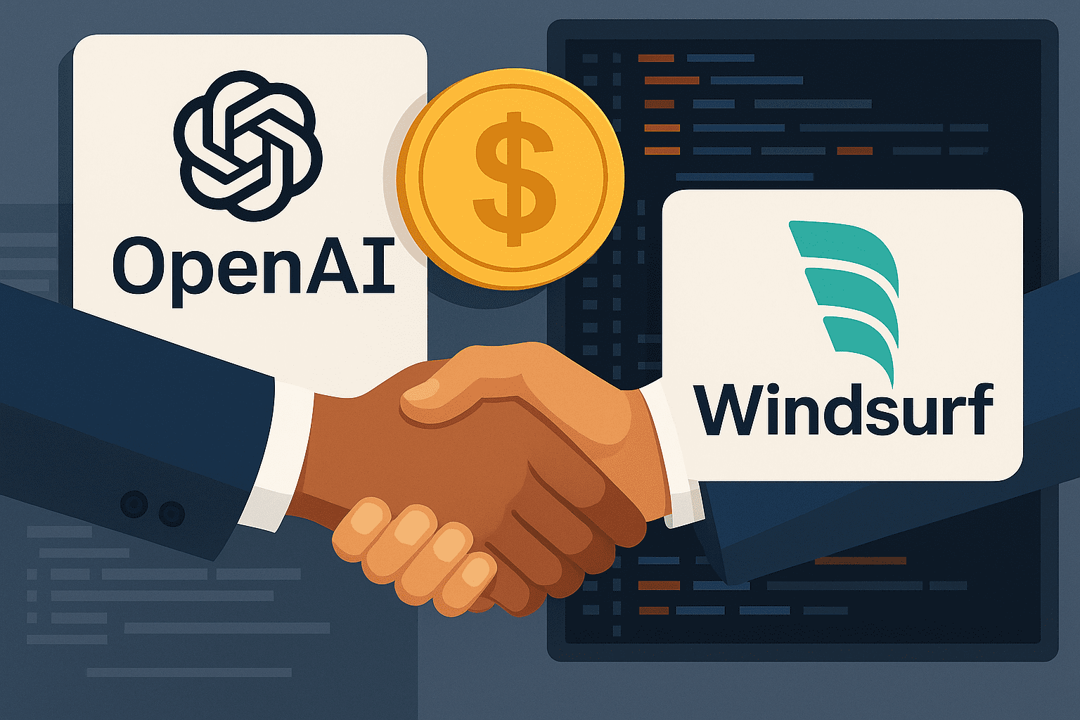Ilustración de dos manos estrechándose frente a los logotipos de OpenAI y Windsurf, con un símbolo de dólar en el centro, representando la adquisición de Windsurf por parte de OpenAI por 3.000 millones de dólares.