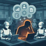 Ilustración de un entorno de oficina donde robots con apariencia humanoide trabajan en computadoras junto a un humano estresado, representando el impacto de los agentes de IA autónomos en el empleo humano.
