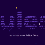 Representación visual de Jules de Google con arte ASCII y el texto "An Asynchronous Coding Agent", simbolizando su capacidad autónoma en programación asincrónica y desarrollo de software.