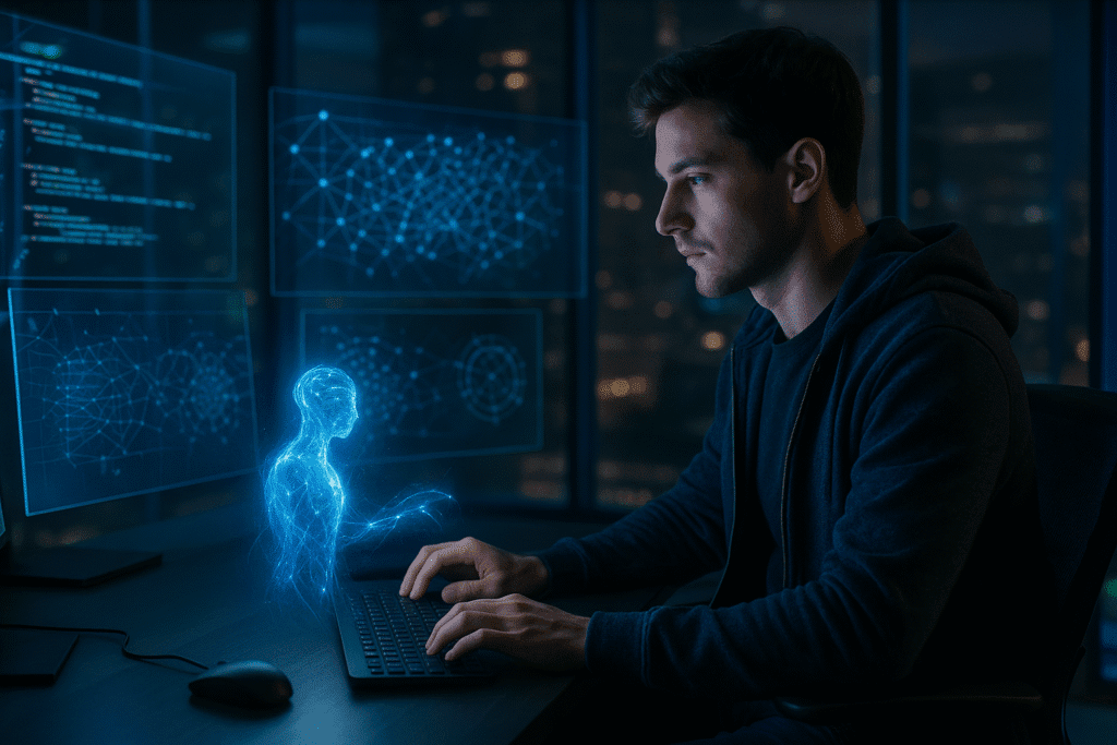 Programador trabajando con una inteligencia artificial holográfica en un entorno tecnológico avanzado, simbolizando la colaboración entre humanos e IA en el desarrollo de software.