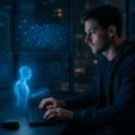 Programador trabajando con una inteligencia artificial holográfica en un entorno tecnológico avanzado, simbolizando la colaboración entre humanos e IA en el desarrollo de software.