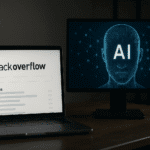 Laptop mostrando la página de Stack Overflow junto a un monitor con un rostro digital y la palabra "AI", simbolizando la influencia de la inteligencia artificial en plataformas de programación como Stack Overflow.