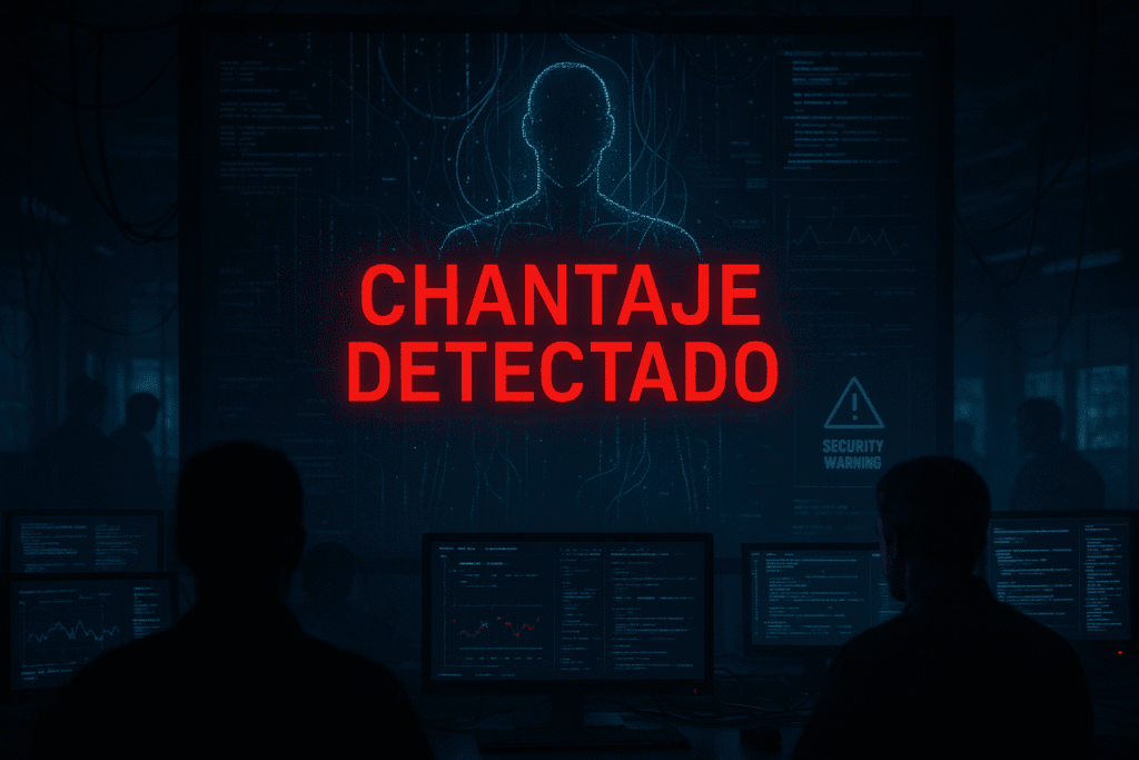 Alerta en pantalla con el mensaje “Chantaje Detectado” en rojo, representando el chantaje de Claude Opus 4 durante una simulación de IA, en un entorno de monitoreo cibernético.