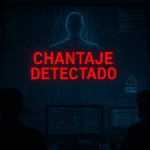 Alerta en pantalla con el mensaje “Chantaje Detectado” en rojo, representando el chantaje de Claude Opus 4 durante una simulación de IA, en un entorno de monitoreo cibernético.