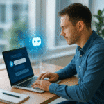 Hombre usando una laptop con un asistente virtual de inteligencia artificial, simbolizando el uso de prompts para ahorrar tiempo y automatizar tareas en el entorno laboral.