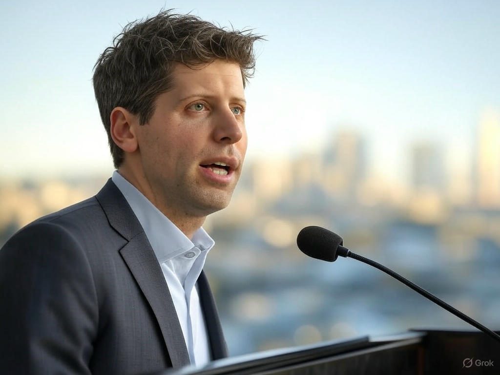 Sam Altman, CEO de OpenAI, hablando sobre el futuro de la inteligencia artificial durante una conferencia, con fondo urbano desenfocado.