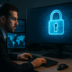 Profesional de ciberseguridad monitoreando amenazas en tiempo real en múltiples pantallas, con un candado digital como símbolo de protección, ilustrando el uso de ciberseguridad con IA para defender datos empresariales.