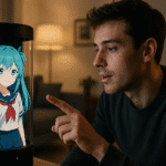 Hombre interactuando con una waifu con IA proyectada en un dispositivo cilíndrico, mostrando una animación estilo anime en 3D, en un entorno doméstico moderno.