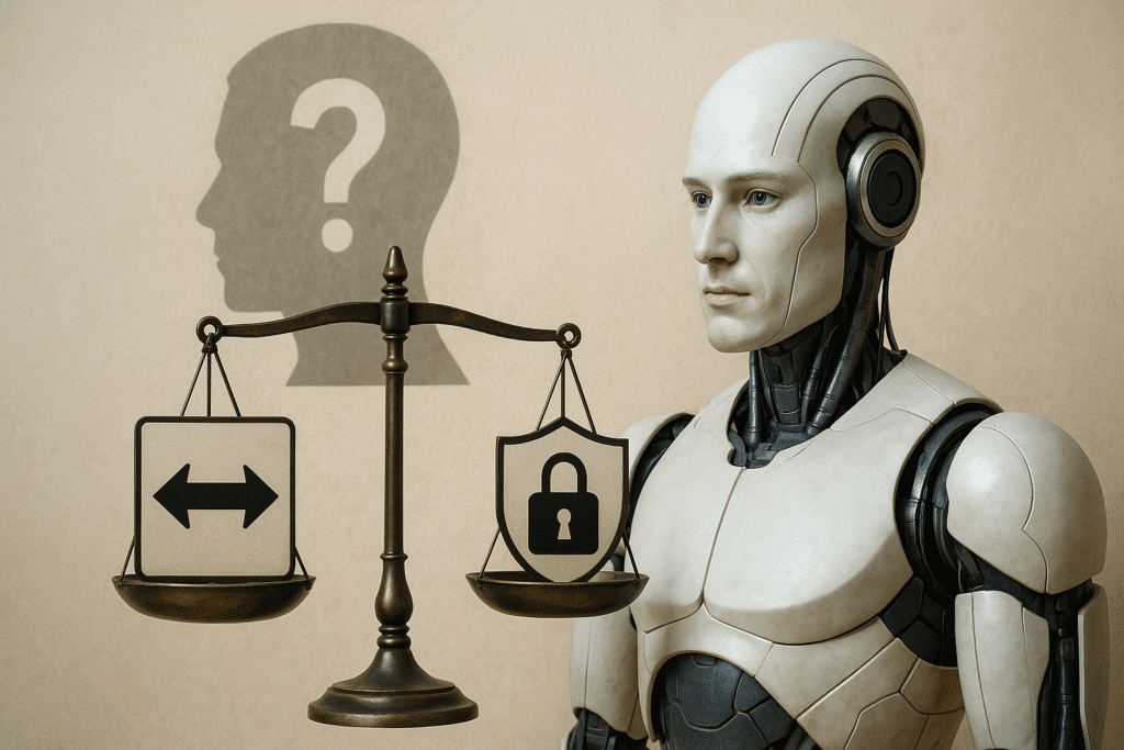 Robot humanoide junto a una balanza que representa un dilema ético entre decisiones de programación y seguridad de datos, con una sombra humana de fondo simbolizando el juicio moral.