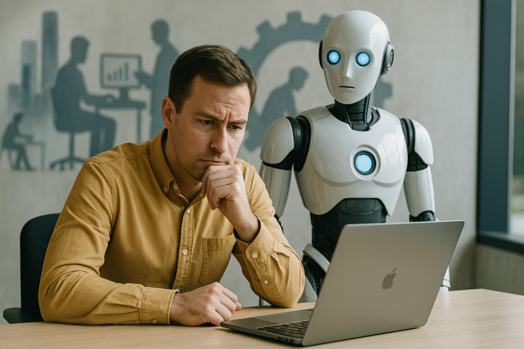 Hombre pensativo frente a una computadora portátil acompañado de un robot humanoide, simbolizando el impacto de la inteligencia artificial en el entorno laboral.