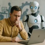 Hombre pensativo frente a una computadora portátil acompañado de un robot humanoide, simbolizando el impacto de la inteligencia artificial en el entorno laboral.