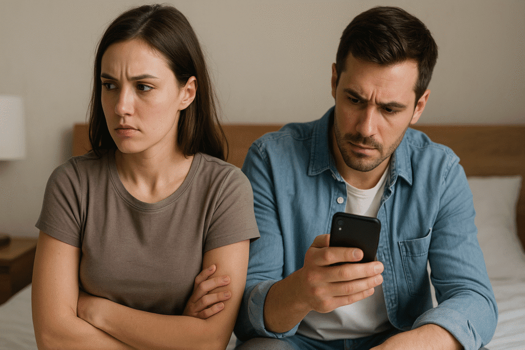 Pareja sentada en una cama con expresión de tensión; el hombre revisa un móvil con gesto de sospecha mientras la mujer mira molesta hacia otro lado, reflejando una posible situación de control o espionaje digital en la relación.