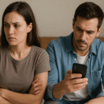 Pareja sentada en una cama con expresión de tensión; el hombre revisa un móvil con gesto de sospecha mientras la mujer mira molesta hacia otro lado, reflejando una posible situación de control o espionaje digital en la relación.