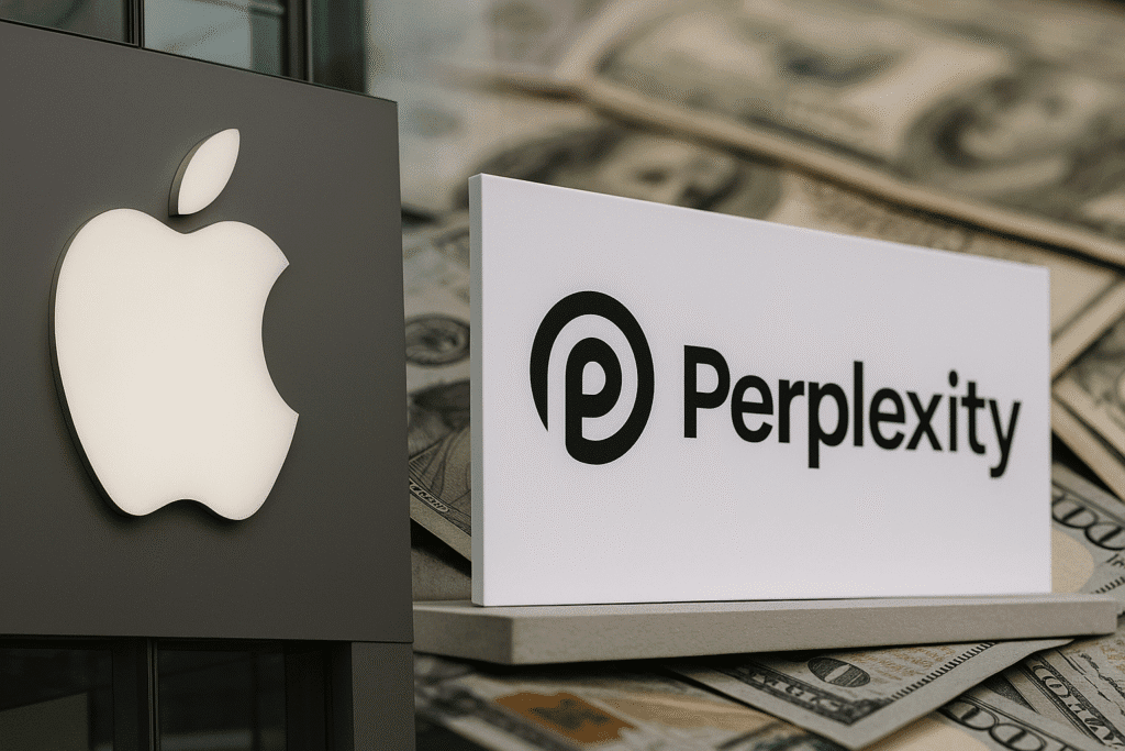 Logotipos de Apple y Perplexity sobre un fondo de billetes, simbolizando la posible compra de Perplexity por Apple como movimiento estratégico en inteligencia artificial.