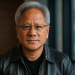 Retrato de Jensen Huang, CEO de Nvidia, con chaqueta de cuero negra y gafas, en un entorno moderno de oficina, símbolo de liderazgo en inteligencia artificial.