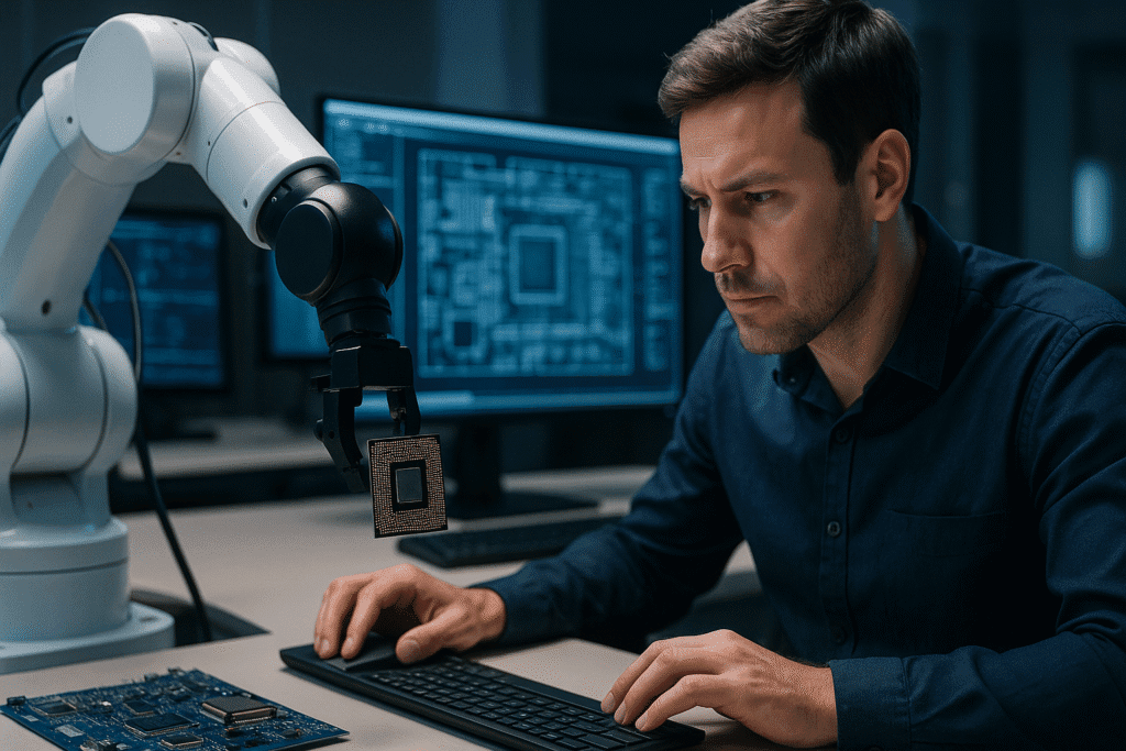 Ingeniero supervisa cómo un brazo robótico manipula un microchip en un entorno de diseño asistido por IA, representando el avance tecnológico donde la IA diseña microchips con alta precisión.
