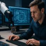 Ingeniero supervisa cómo un brazo robótico manipula un microchip en un entorno de diseño asistido por IA, representando el avance tecnológico donde la IA diseña microchips con alta precisión.