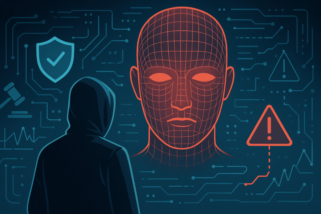 Ilustración conceptual sobre la gobernanza de la inteligencia artificial, con una figura encapuchada observando una cabeza digital roja con malla de reconocimiento facial, rodeada de íconos de seguridad, advertencias y circuitos digitales, simbolizando los riesgos y la necesidad de control ético y regulatorio.