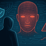 Ilustración conceptual sobre la gobernanza de la inteligencia artificial, con una figura encapuchada observando una cabeza digital roja con malla de reconocimiento facial, rodeada de íconos de seguridad, advertencias y circuitos digitales, simbolizando los riesgos y la necesidad de control ético y regulatorio.