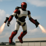 Robot humanoide volador iRonCub3 en pleno vuelo con propulsores encendidos, demostrando su capacidad tecnológica al aire libre.