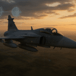 Caza Gripen E volando al atardecer con sistemas de inteligencia artificial destacados, representando el avance del caza con inteligencia artificial en la aviación militar europea.