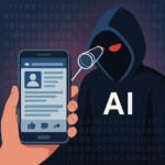 Ilustración de una figura encapuchada con las siglas "AI" espiando a través de un teléfono móvil, simbolizando cómo la IA espía recopila datos personales desde redes sociales.