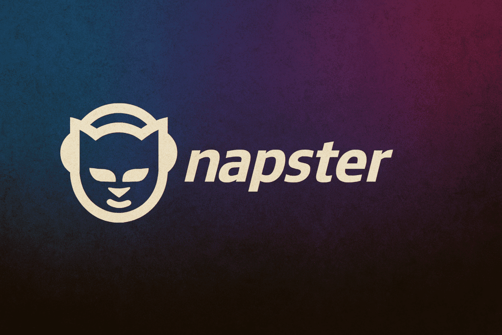 Logotipo clásico de Napster con fondo degradado en tonos púrpura y azul, representando su identidad icónica en la revolución de la música digital.