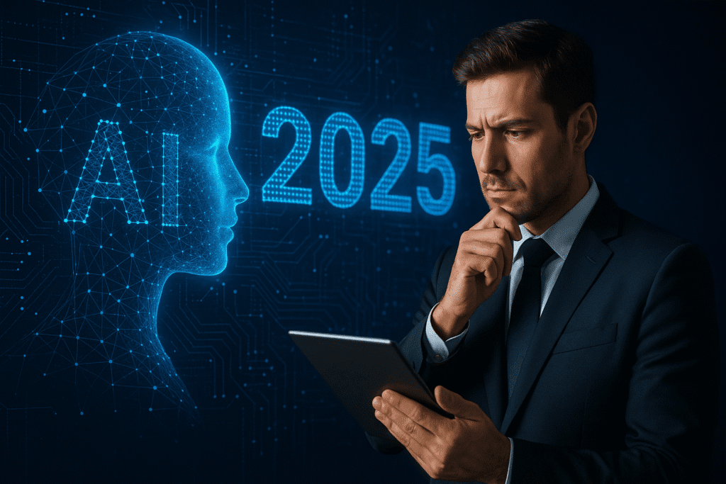 Hombre de negocios analizando en una tablet el impacto IA 2025, con una figura digital de una cabeza humana y el texto “AI 2025” en un entorno futurista de tecnología.