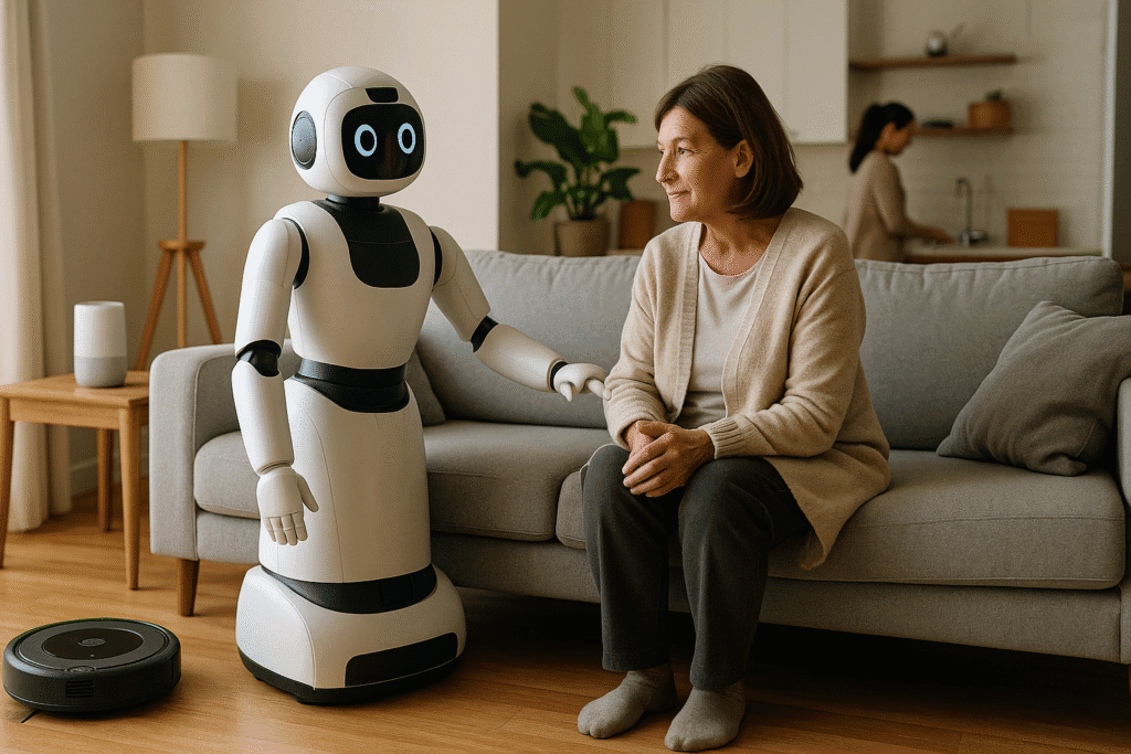 Robot humanoide interactuando con una mujer mayor sentada en un sofá, representando el uso de robots en la vida diaria como asistentes sociales y cuidadores en el hogar.