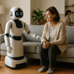 Robot humanoide interactuando con una mujer mayor sentada en un sofá, representando el uso de robots en la vida diaria como asistentes sociales y cuidadores en el hogar.