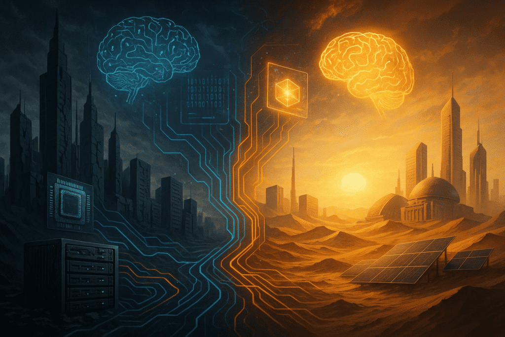 Ilustración conceptual del Imperio de la IA, mostrando un contraste entre una ciudad oscura y tecnológica (Silicon Valley) con una luminosa y desértica ciudad futurista con paneles solares (Arabia Saudita y EAU), conectadas por circuitos digitales y cerebros representando inteligencia artificial.