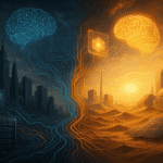 Ilustración conceptual del Imperio de la IA, mostrando un contraste entre una ciudad oscura y tecnológica (Silicon Valley) con una luminosa y desértica ciudad futurista con paneles solares (Arabia Saudita y EAU), conectadas por circuitos digitales y cerebros representando inteligencia artificial.