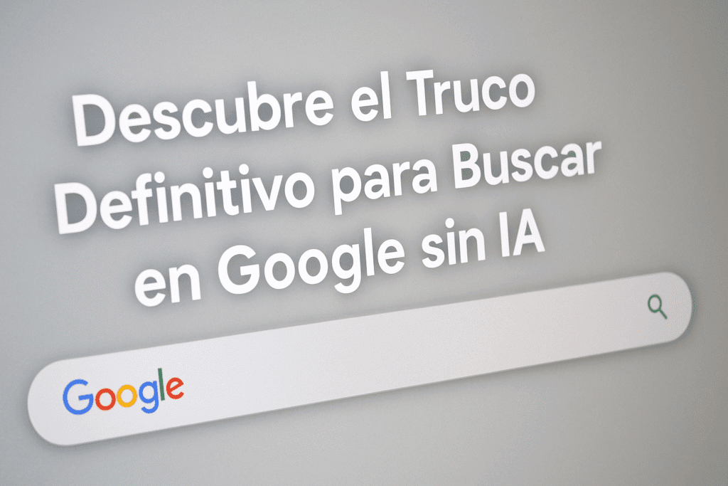 Pantalla con mensaje promocional que dice "Descubre el Truco Definitivo para Buscar en Google sin IA", acompañado de la barra de búsqueda de Google, destacando el enfoque en búsquedas sin inteligencia artificial.