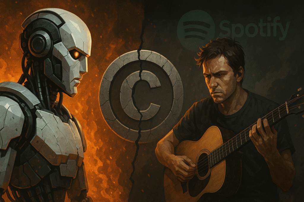 Ilustración que representa el conflicto entre un robot simbólico de inteligencia artificial y un músico humano tocando la guitarra, con un símbolo de copyright roto entre ellos y el logo de Spotify al fondo, reflejando la tensión sobre los derechos de autor en la música generada por IA.